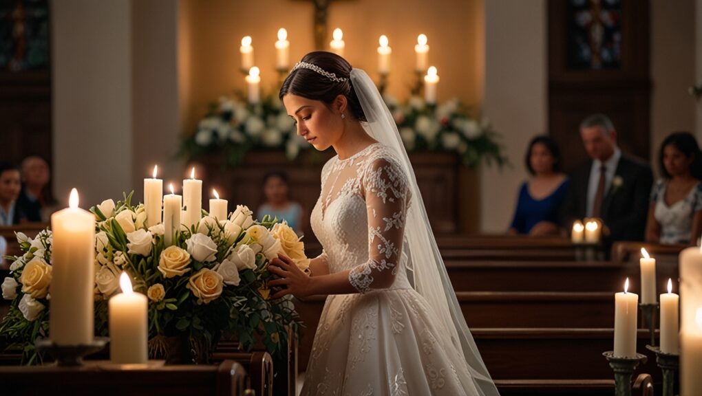 novia ofreciendo su ramo como ofrenda a la virgen