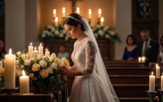 novia ofreciendo su ramo como ofrenda a la virgen