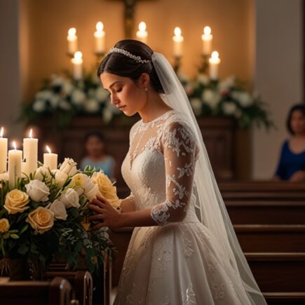novia ofreciendo su ramo como ofrenda a la virgen