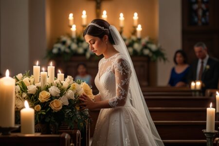 novia ofreciendo su ramo como ofrenda a la virgen