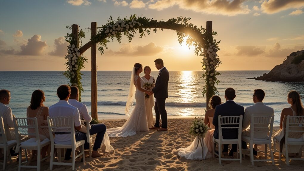 Pareja de novios casandose en la playa bajo un arco de flores y varios invitados a su alrededor