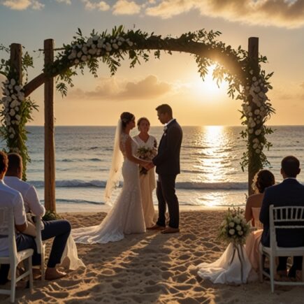 Pareja de novios casandose en la playa bajo un arco de flores y varios invitados a su alrededor