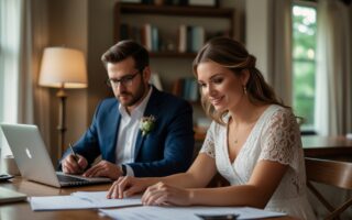 pareja de novios planeando el presupuesto de su boda