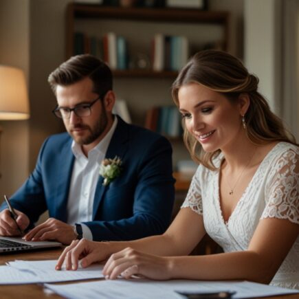 pareja de novios planeando el presupuesto de su boda