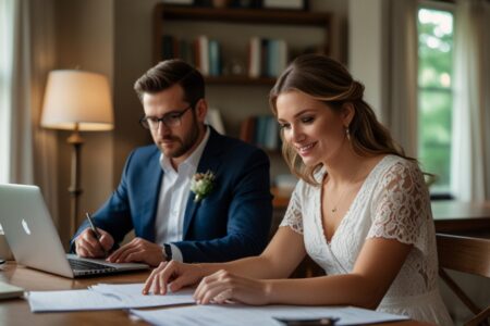 pareja de novios planeando el presupuesto de su boda