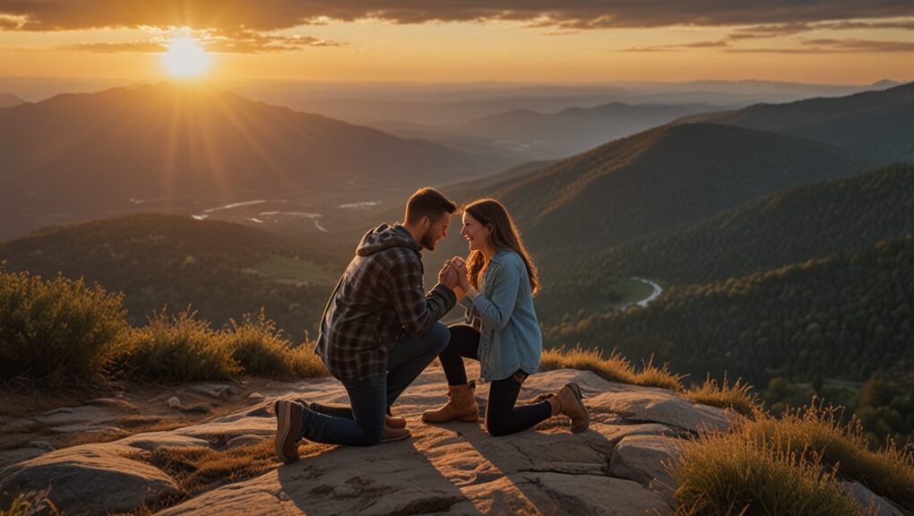 propuesta de matrimonio al atardecer en una montaña