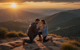 propuesta de matrimonio al atardecer en una montaña