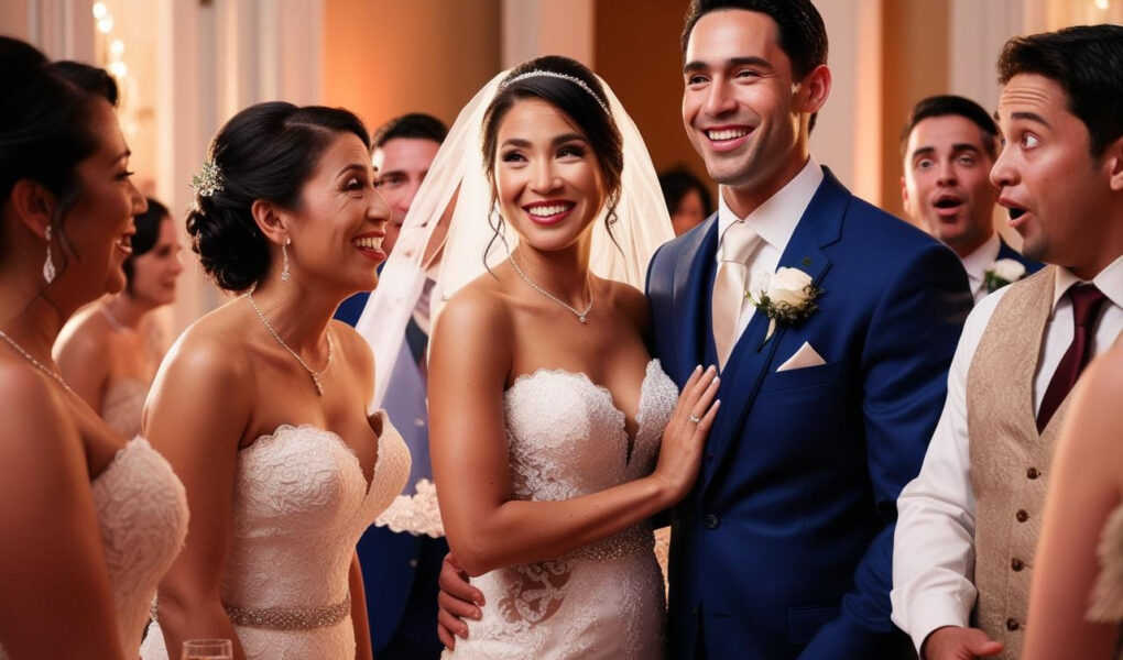 pareja de novios con invitada vestida de blanco