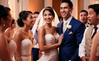 pareja de novios con invitada vestida de blanco