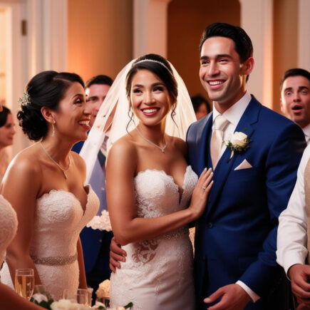 pareja de novios con invitada vestida de blanco