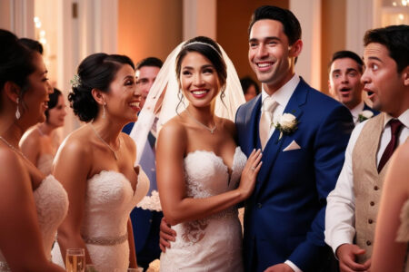 pareja de novios con invitada vestida de blanco