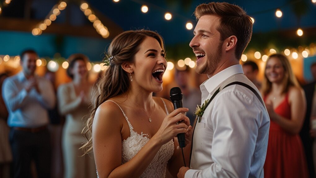 pareja de recien casados cantando en el karaoke