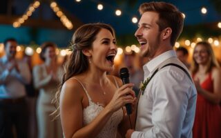 pareja de recien casados cantando en el karaoke