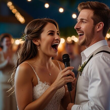 pareja de recien casados cantando en el karaoke