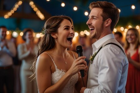 pareja de recien casados cantando en el karaoke