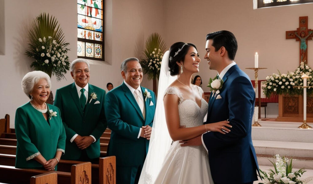 padrinos de los novios con ellos en una iglesia