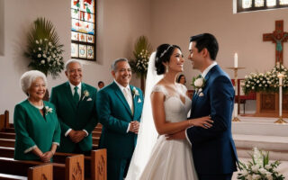 padrinos de los novios con ellos en una iglesia