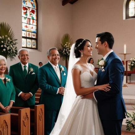 padrinos de los novios con ellos en una iglesia