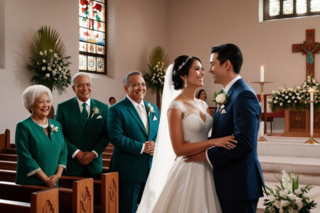 padrinos de los novios con ellos en una iglesia