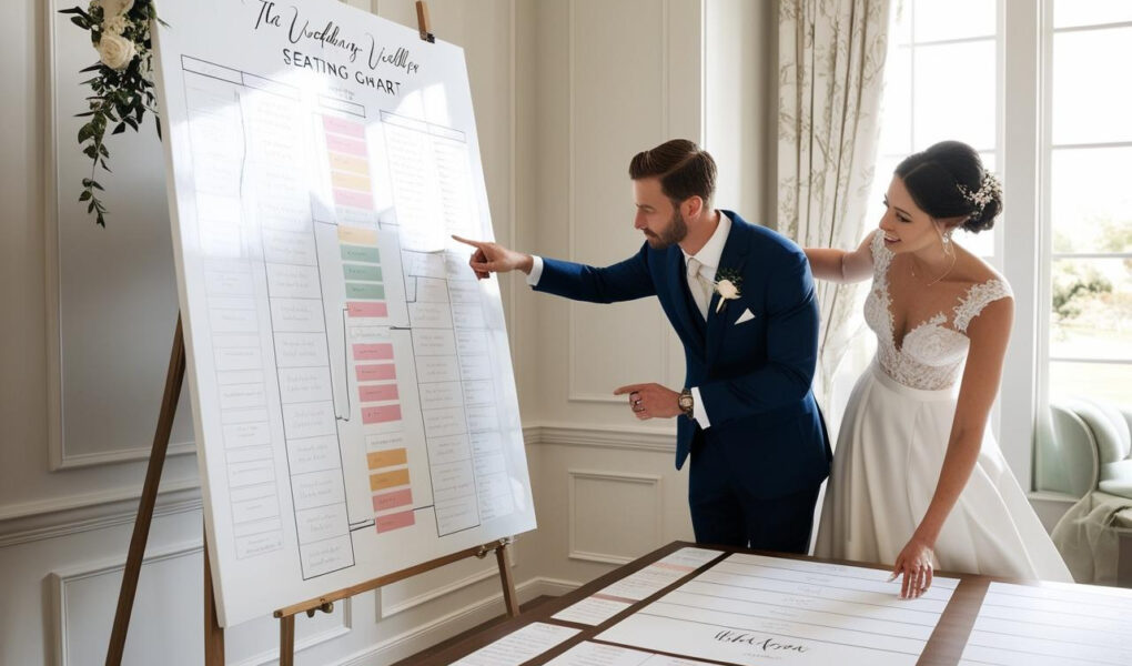 pareja de novios haciendo el seating plan de su boda