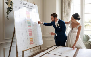 pareja de novios haciendo el seating plan de su boda