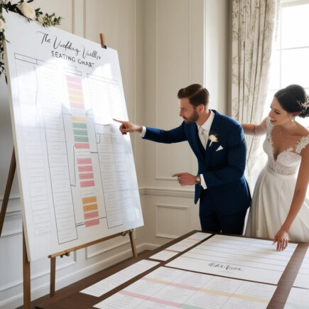 pareja de novios haciendo el seating plan de su boda