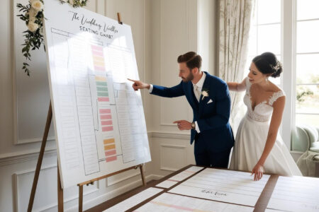 pareja de novios haciendo el seating plan de su boda