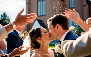 novios afuera de una iglesia saliendo mientras los invitados arrojan arroz sobre ellos