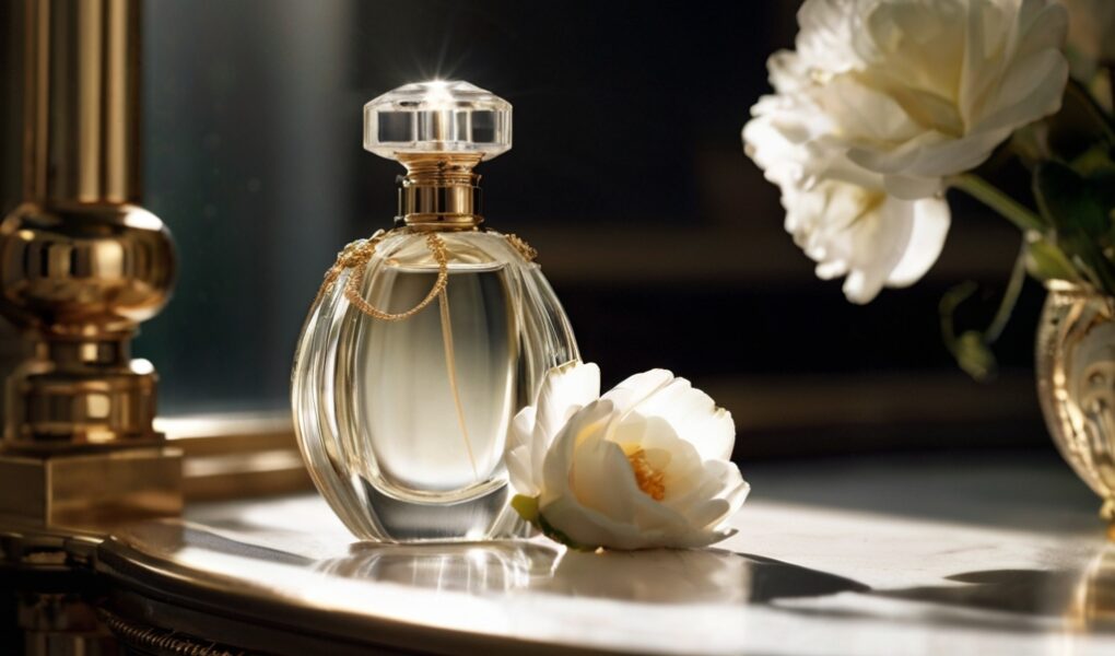 frasco de perfume en una mesa de tocador