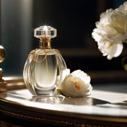 frasco de perfume en una mesa de tocador