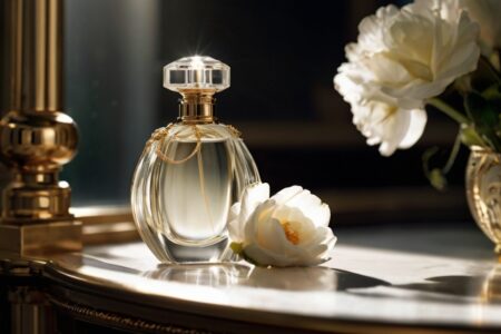 frasco de perfume en una mesa de tocador