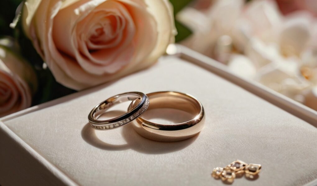 Un par de anillos de boda en una caja hermosa cerca de flores frescas