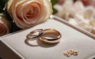 Un par de anillos de boda en una caja hermosa cerca de flores frescas
