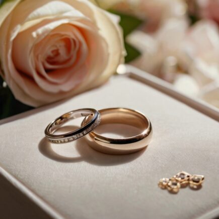 Un par de anillos de boda en una caja hermosa cerca de flores frescas