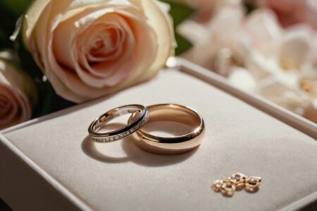 Un par de anillos de boda en una caja hermosa cerca de flores frescas