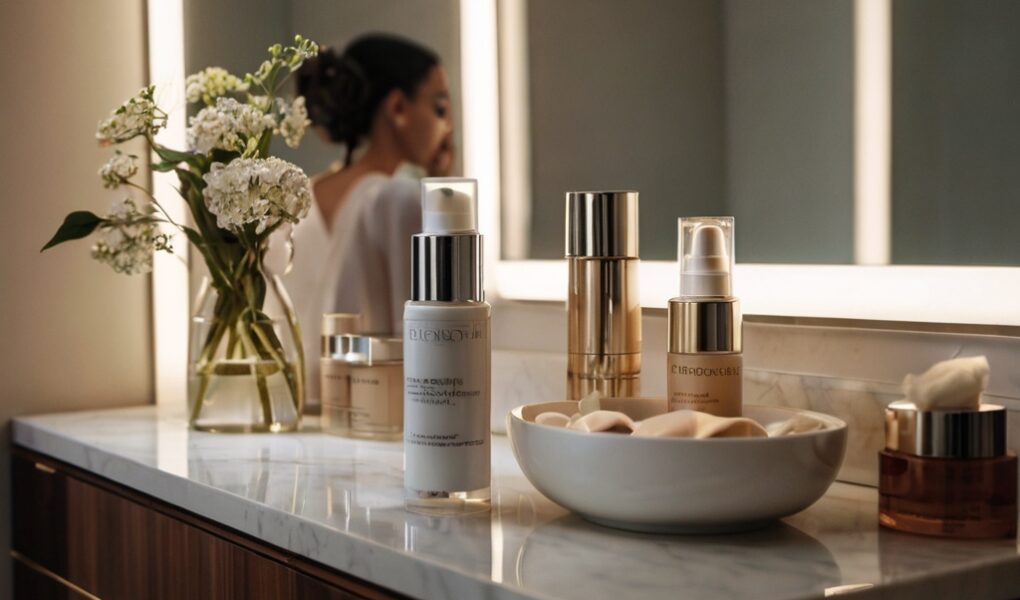 novia y si tocador con productos de cuidado facial