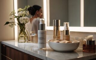 novia y si tocador con productos de cuidado facial