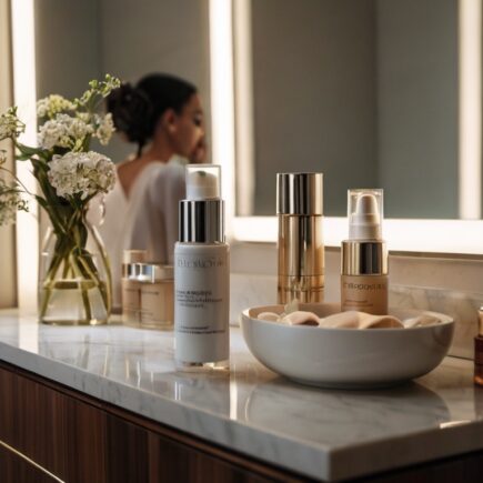 novia y si tocador con productos de cuidado facial