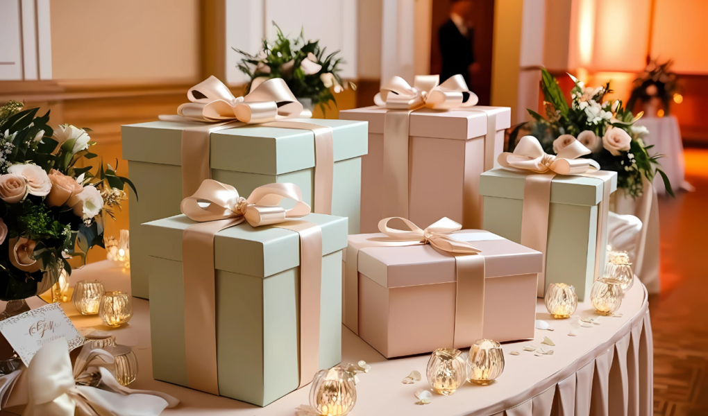 Mesa elegante con varias cajas de regalo hermosas encima