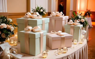 Mesa elegante con varias cajas de regalo hermosas encima