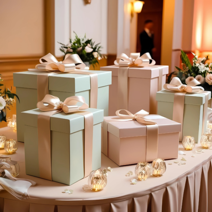 Mesa elegante con varias cajas de regalo hermosas encima