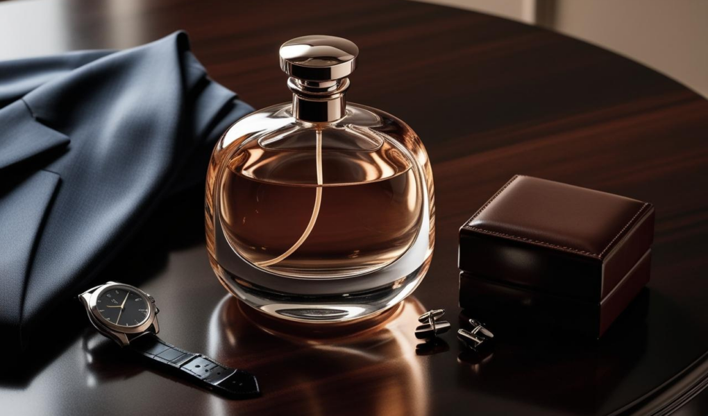 Imagen de un perfume de hombre sobre una mesa elegante