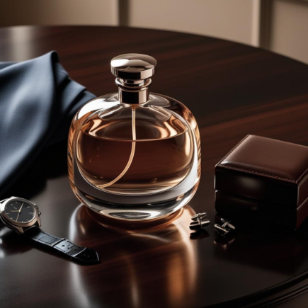 Imagen de un perfume de hombre sobre una mesa elegante