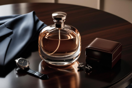 Imagen de un perfume de hombre sobre una mesa elegante