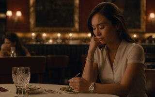 A cinematic image of a woman sitting alone at an elegant restaurant table, watching with sadness from her seat as a couple at a nearby table has a marriage proposal. The man is on one knee, and the woman is accepting the ring. The main focus is on the sad woman, with a slight tear in her eye and an expression of longing. The background should show the warm, elegant atmosphere of the restaurant, with soft lighting that highlights the emotion in the scene. The woman’s table should be empty, enhancing the feeling of loneliness and reflection.