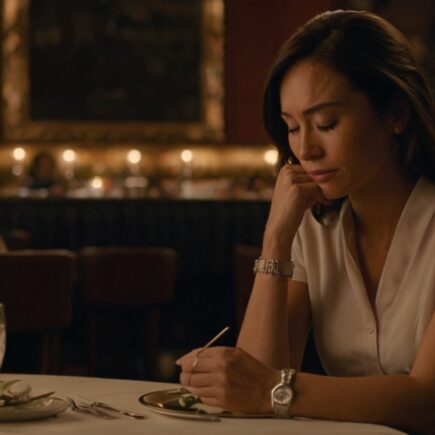 A cinematic image of a woman sitting alone at an elegant restaurant table, watching with sadness from her seat as a couple at a nearby table has a marriage proposal. The man is on one knee, and the woman is accepting the ring. The main focus is on the sad woman, with a slight tear in her eye and an expression of longing. The background should show the warm, elegant atmosphere of the restaurant, with soft lighting that highlights the emotion in the scene. The woman’s table should be empty, enhancing the feeling of loneliness and reflection.