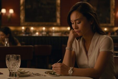 A cinematic image of a woman sitting alone at an elegant restaurant table, watching with sadness from her seat as a couple at a nearby table has a marriage proposal. The man is on one knee, and the woman is accepting the ring. The main focus is on the sad woman, with a slight tear in her eye and an expression of longing. The background should show the warm, elegant atmosphere of the restaurant, with soft lighting that highlights the emotion in the scene. The woman’s table should be empty, enhancing the feeling of loneliness and reflection.