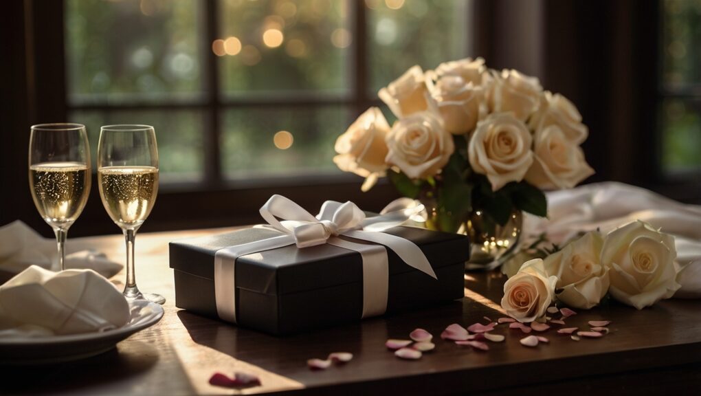 A photorealistic and cinematic image capturing a wedding anniversary gift. On an elegant dark wooden table, a gift wrapped in luxurious pearl-colored paper with a white silk bow, accompanied by two champagne flutes with sparkling bubbles. In the background, a romantic atmosphere is created by warm, diffuse lighting, with rose petals subtly scattered across the table. The soft lighting enhances the elegance and romance of the scene.