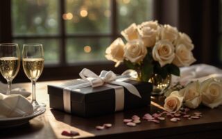 A photorealistic and cinematic image capturing a wedding anniversary gift. On an elegant dark wooden table, a gift wrapped in luxurious pearl-colored paper with a white silk bow, accompanied by two champagne flutes with sparkling bubbles. In the background, a romantic atmosphere is created by warm, diffuse lighting, with rose petals subtly scattered across the table. The soft lighting enhances the elegance and romance of the scene.