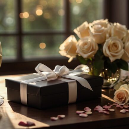 A photorealistic and cinematic image capturing a wedding anniversary gift. On an elegant dark wooden table, a gift wrapped in luxurious pearl-colored paper with a white silk bow, accompanied by two champagne flutes with sparkling bubbles. In the background, a romantic atmosphere is created by warm, diffuse lighting, with rose petals subtly scattered across the table. The soft lighting enhances the elegance and romance of the scene.